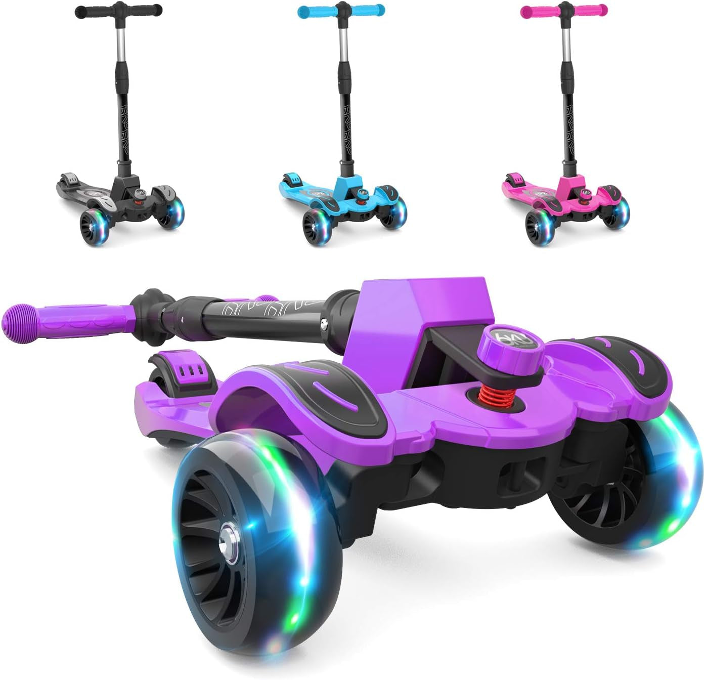 Adjustable Height Kids Scooter with Widened Flash Wheels for Ages 3-8, Lean-to-Steer Design