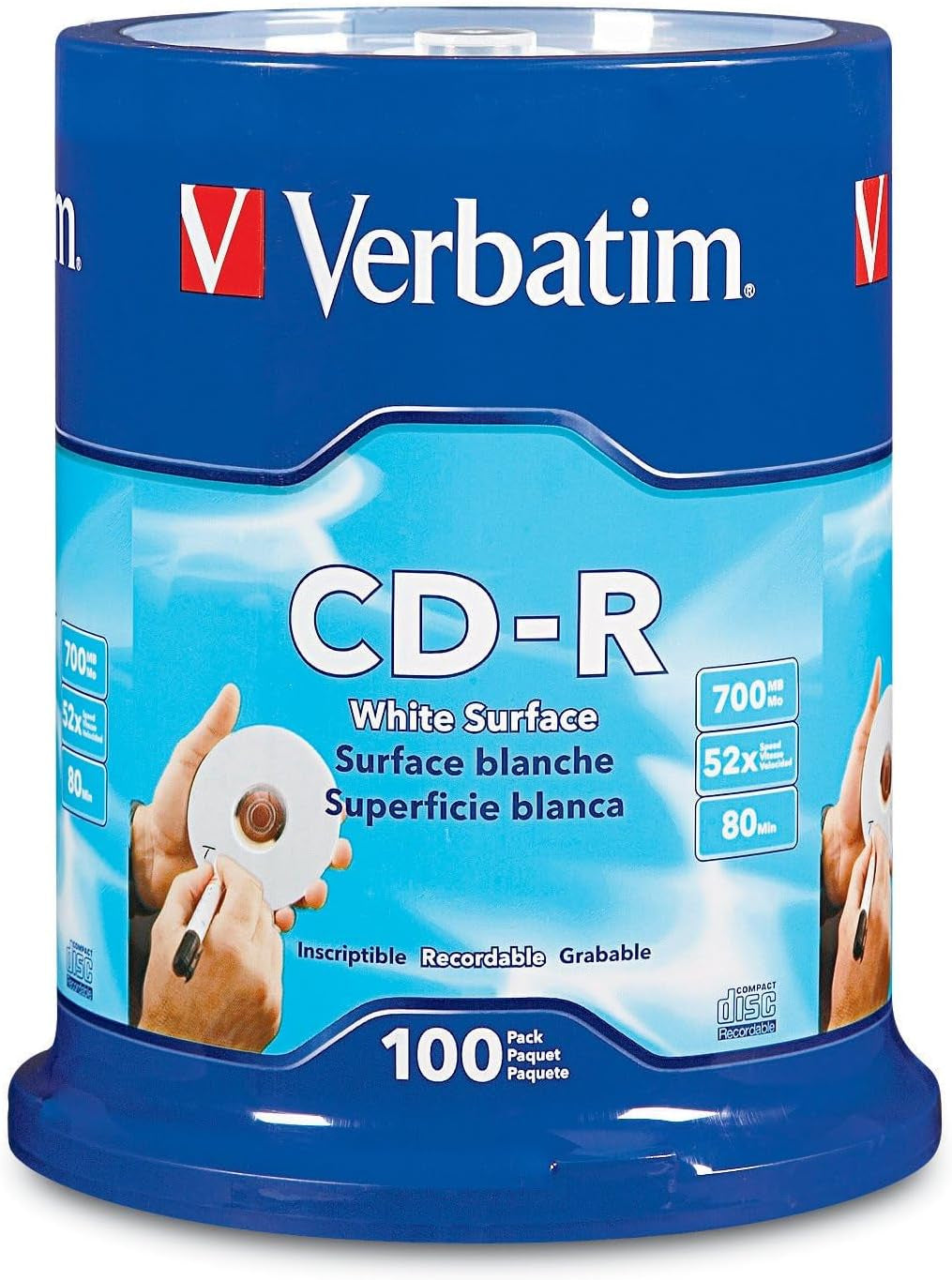 CD-R Blank Discs 700MB 80 Minutes 52X Recordable Disc for Data and Music with Blank White Surface - 100 Pack Spindle